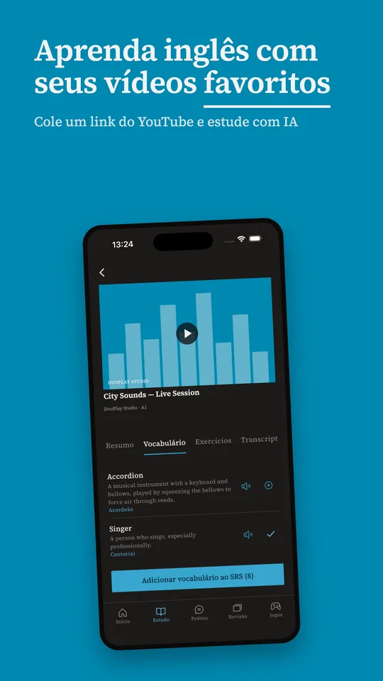 Tela do DuoPlay estudando um vídeo do YouTube com vocabulário em inglês