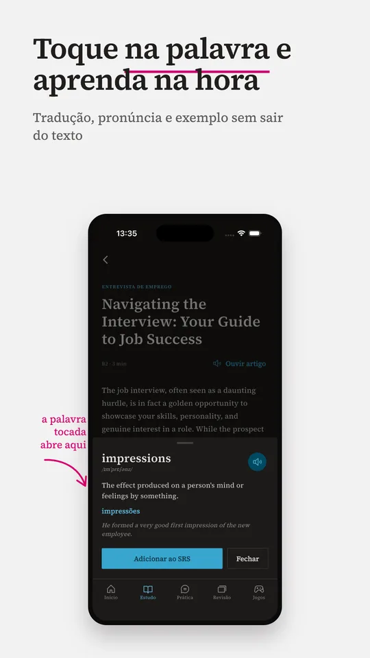 Leitura em inglês no DuoPlay com tradução instantânea de palavra ao toque
