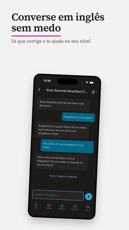 Conversação em inglês com correção gramatical por IA no DuoPlay