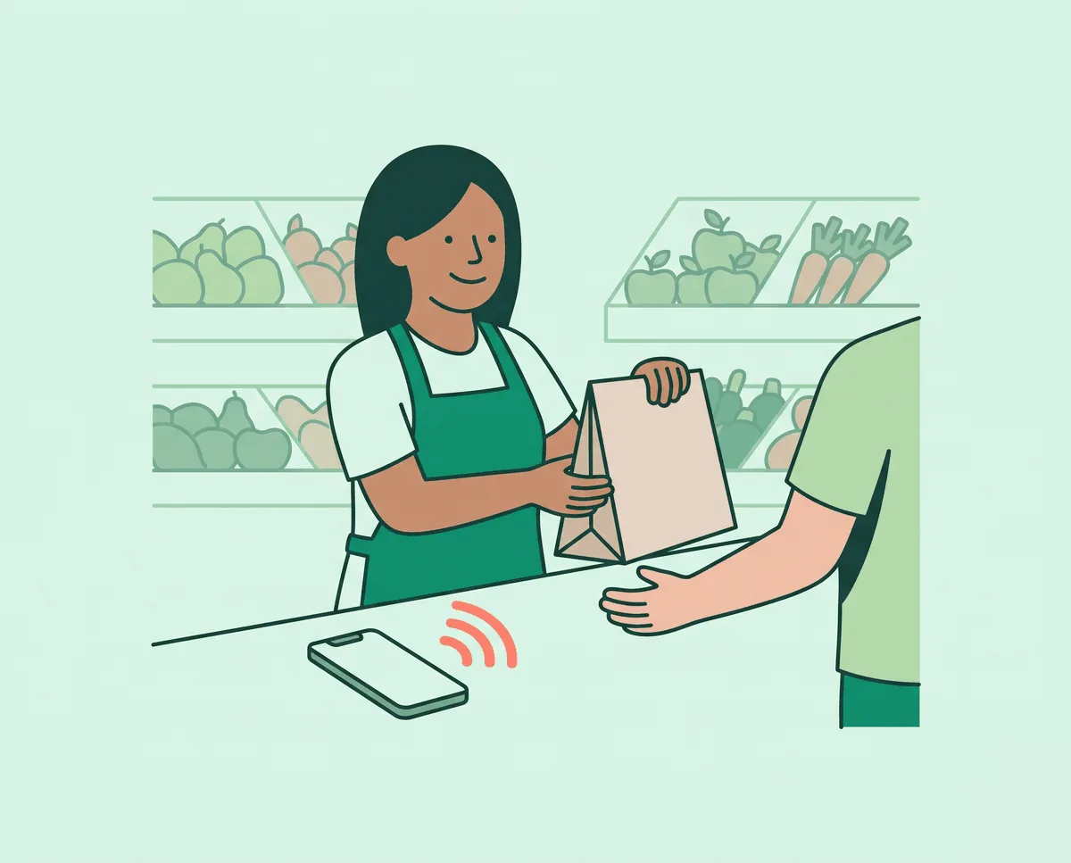 Comerciante no balcão entregando a compra enquanto o celular anuncia o Pix por voz